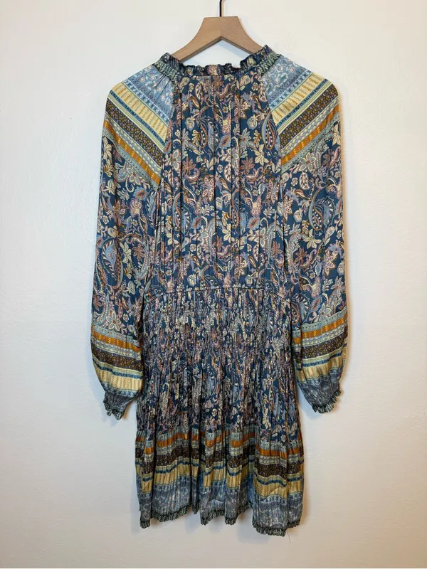 Current Air Bohemian Paisley Floral Printed Pleated Long Sleeve Mini Dress - Image 7