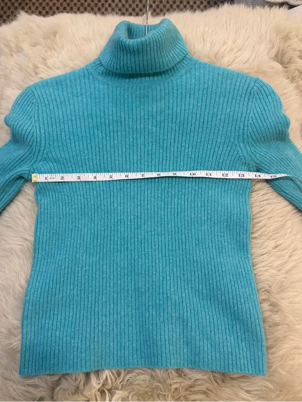 White + Warren Cashmere Turtleneck Sweater Size S Turquoise Ribbed Luxury Knit - Image 6