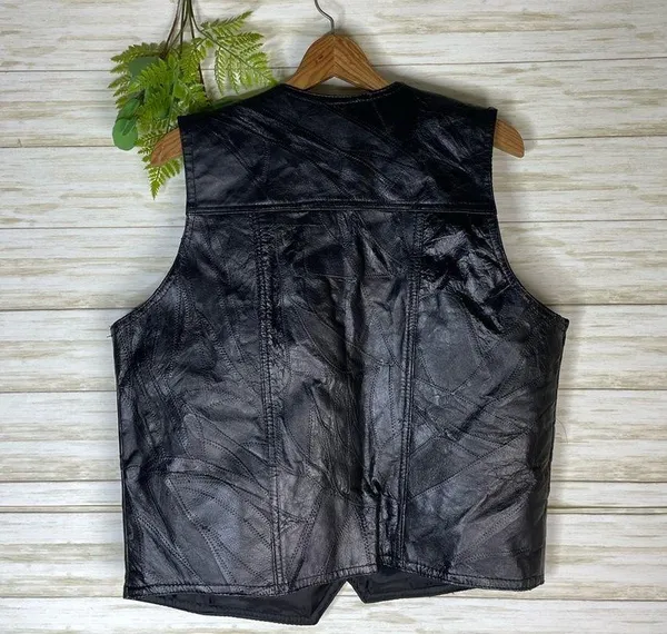 Vintage Black Leather Patchwork Biker Grunge Vest Size M - Image 5