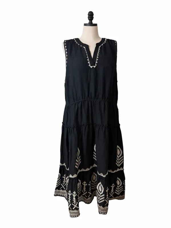 Soft Surroundings Embroidered Tiered Midi Dress Size 2X Linen Blend Belted Black - Image 3