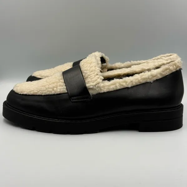 JustFab JF Leli Sherpa Lug Sole Loafers Black and Cream Chunky Platform Size 8 - Image 4