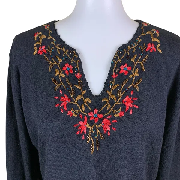 Curio Black Embroidered Floral Sweater‎ Large Vintage Boho Cottagecore - Image 3
