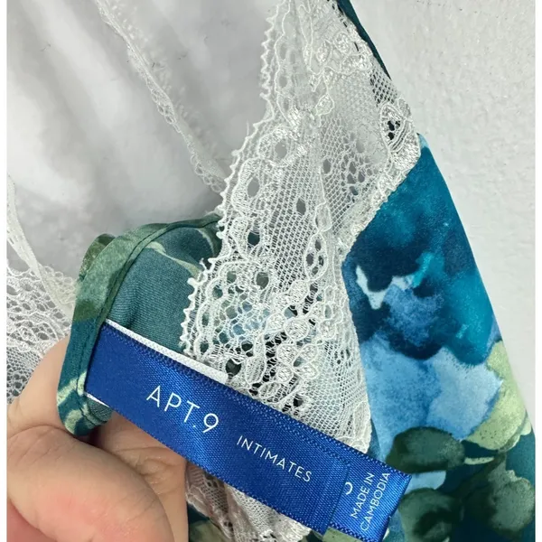 Apt. 9 Camisole Women Small Teal Blue Floral Lace Trim Satin Racerback Sleep Top - Image 3