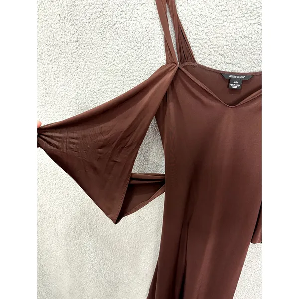 Vintage Guess Jeans Dress Women's M Brown Cold Shoulder Tie‎ Back Y2K Boho Retro - Image 3