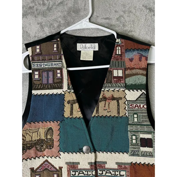 Vintage Western Tapestry Vest Cowboy Ranch Patchwork Jail House Size Medium - Image 2