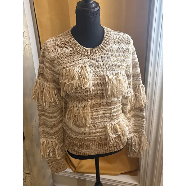 Michael Kors Fringe Striped Knit Sweater Beige White XS Boho Crewneck Pullover - Image 2