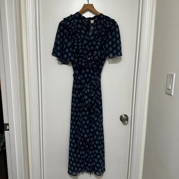 KEEPSAKE THE LABEL |‎ Navy Polka Dot Ruffle Pleated Passion Midi Dress, Size 4 - Image 4