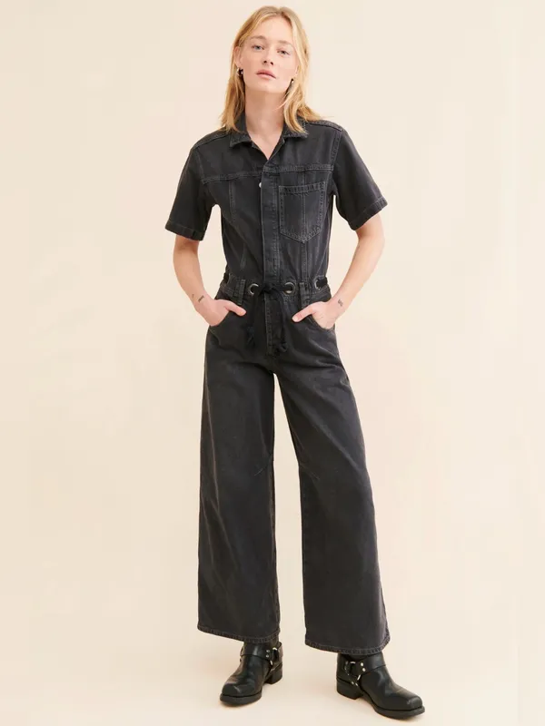 NWT Free People Edison Wide Leg Coverall Moxie Black Denim Jumpsuit XL - Image 2