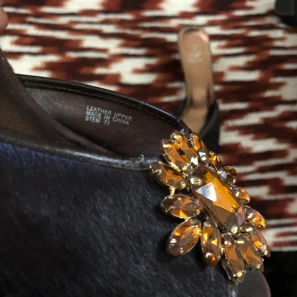 Yellow Box Y2K Glamour Evening Brown Black Gold Genuine Leather Jewel Fur Hair Kitten Heel Shoes Pumps Sandal Mules Open Peep Toe #whimsygoth #prom #dinner #evening #formal Size 7.5 - Image 4