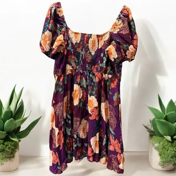 Band of the Free NWT Aimee Purple Floral Puff Sleeve Mini Smocked Boho Large - Image 4