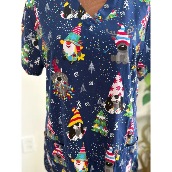Christmas Scrub Top Gnomes Dogs Holiday Print Women's Medium Nurse Uniform‎ - Image 2