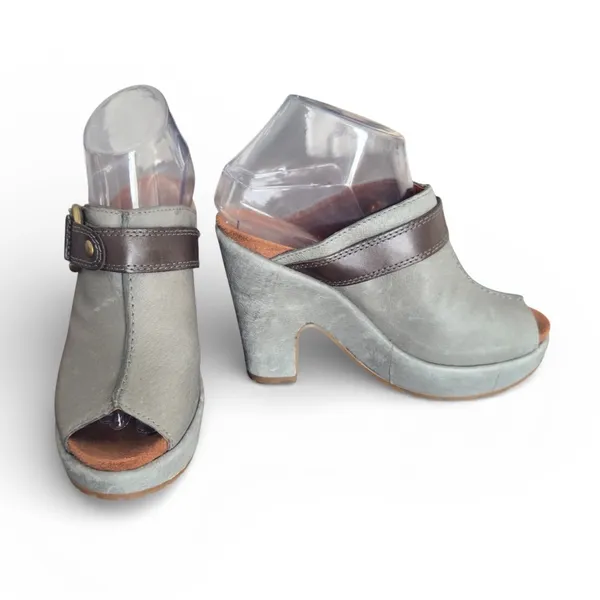 Lucky Brand Women's Gray Leather‎ Peep Toe Wedge Mules Casual Shoes Size 6.5 - Image 2