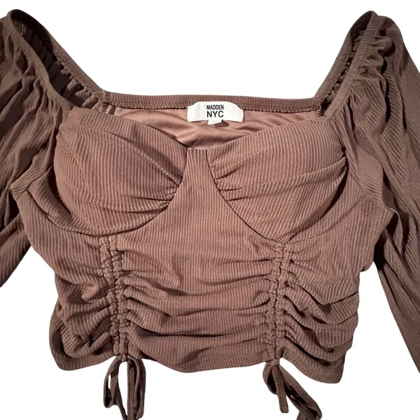 Madden NYC Crop Top Womens Large Brown Ruched Bustier Ribbed Long Sleeve‎ - Image 2