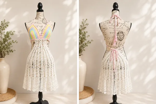 Love Tease ✨ Love Sense Crochet Rainbow Halter Mini Dress Cover Up S/M Pastel Festival Boho ✨ - Image 2