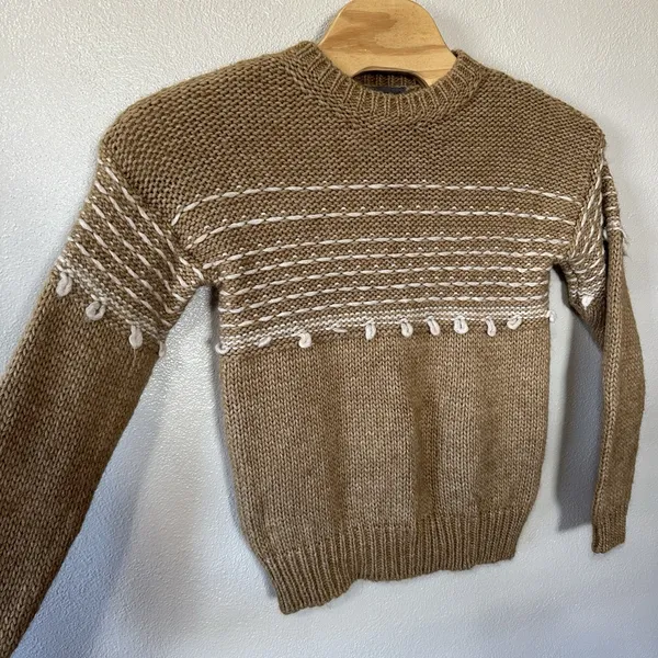 Anthropologie Elsamanda Alpaca Wool Blend‎ Beige White Crew Neck Sweater Medium - Image 2
