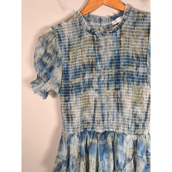Olivaceous Tie Dye Smocked Mini Dress Womens Small Blue Ruffle date fairycore - Image 2