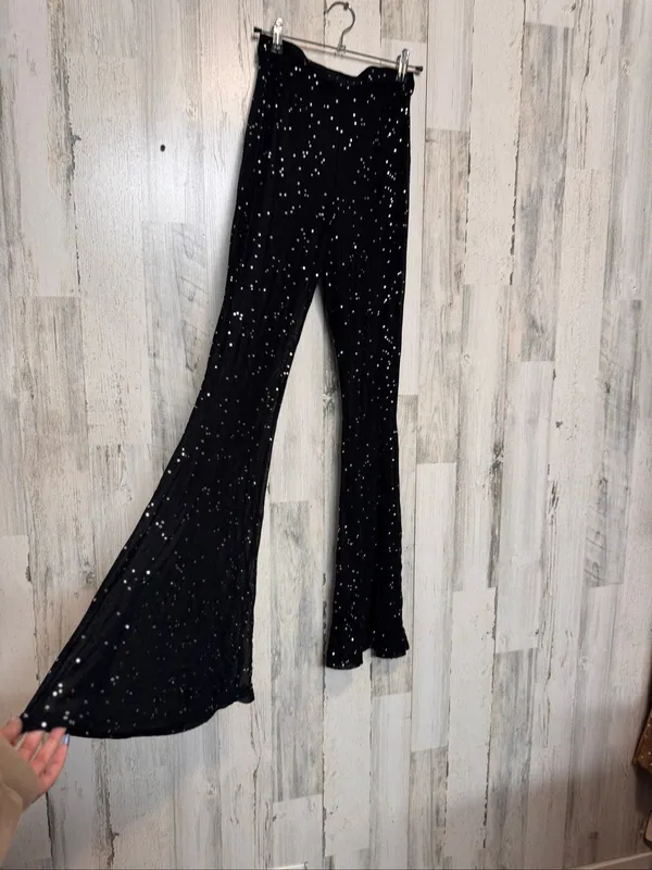 Pretty Little Thing Rhinestone Sheer Mesh Flare Pants Womens Small Black High Waist Bell Bottoms - Image 5