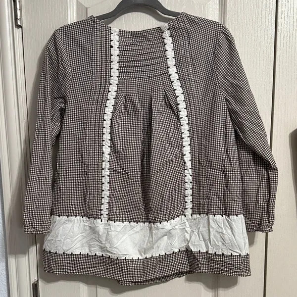 💖 Kim Rogers Cottage Peasant Style Gingham Blouse with Neck Tie Detail‎ - Image 3