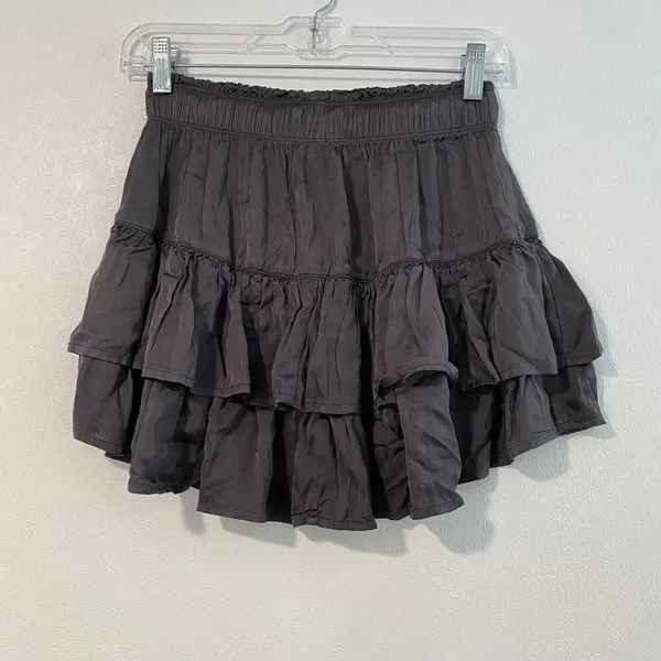 Aerie Tiered Ruffle Mini Skirt XS Gray Boho Flowy Tassel Pull On - Image 2