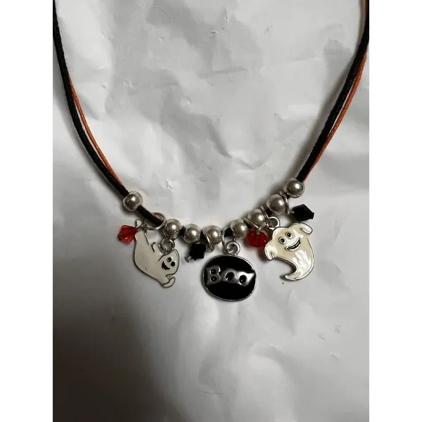 Halloween Ghost Boo Charm Necklace Black Orange Faux Suede‎ Cord 17 Inch - Image 2