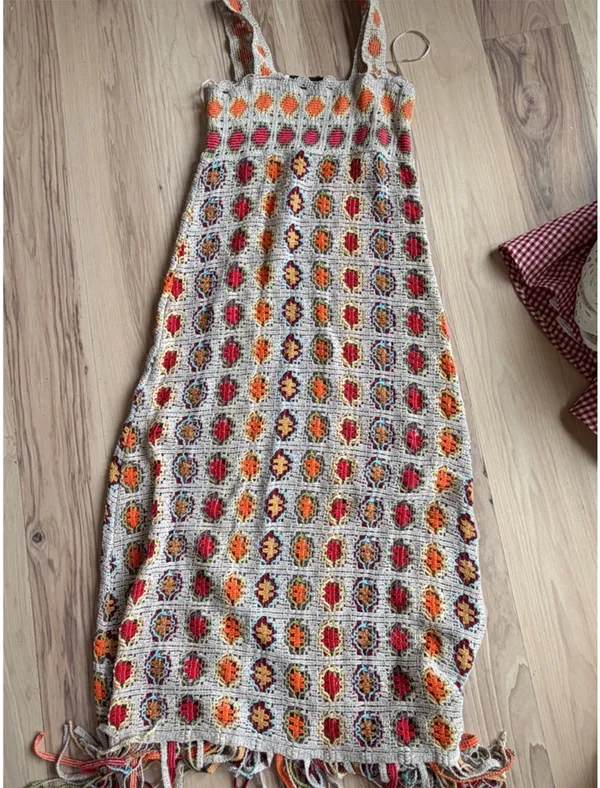 Zara Beige Crochet Midi Dress with Orange & Brown Motif - Image 2