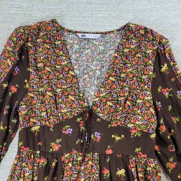 SO Mini Dress XL Brown Mixed Ditzy Floral Print Fit & Flare Cottagecore Prairie - Image 12