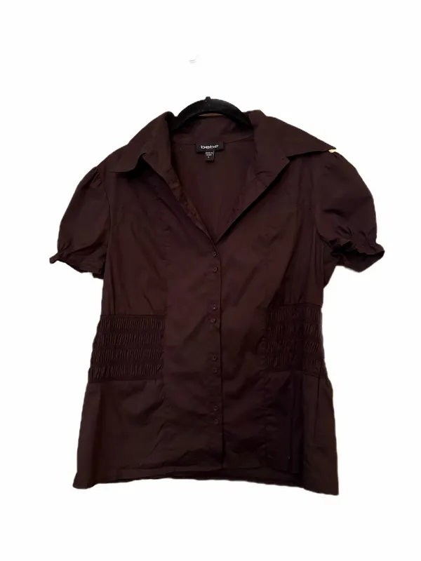 Y2K Bebe Vintage Classic Puff-Sleeve Button-Front Top in Dark Brown Shirt - Image 2