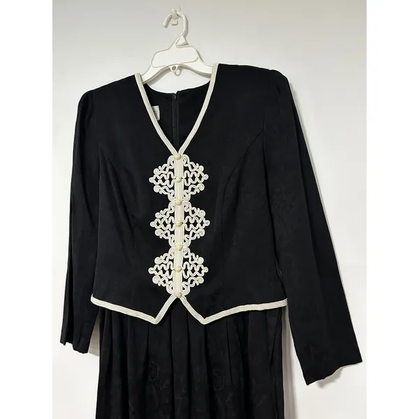 Plaza South Vintage Black Floral Jacquard Soutache Trim Midi Dress Size 12 - Image 2