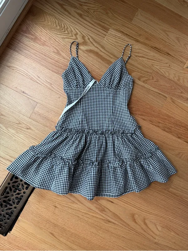 Lucy in the Sky Black White Gingham Tiered Mini Dress Size Small - Image 2