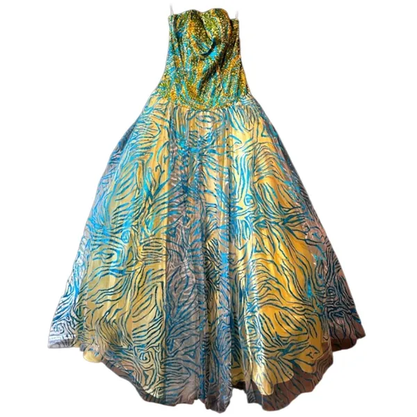 NWT Studio 17 House of Wu Lime Turquoise Gold Strapless Gown 8 - Image 3