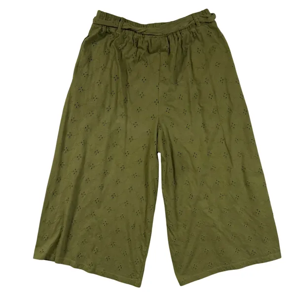 ASOS 12 Khaki Green Broderie Anglaise Wide Leg Crop Belted Pants Bohemian Beach‎ - Image 5