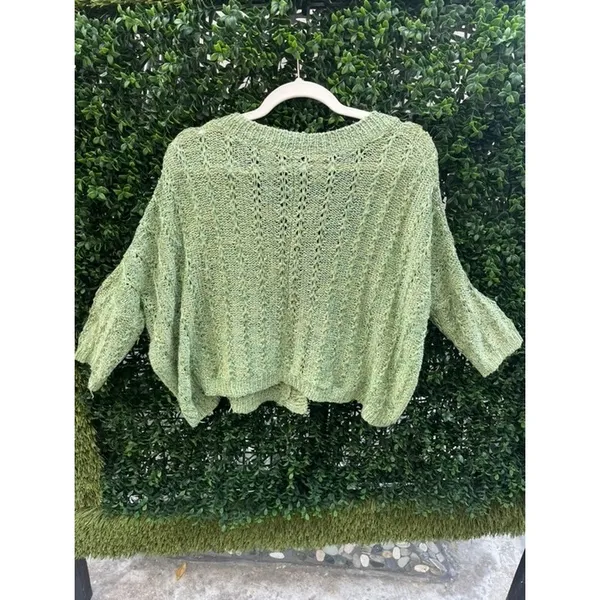 BKE‎ Sage Green Chunky Knit Button Front Cardigan Sweater Med Slouchy Pointelle - Image 4