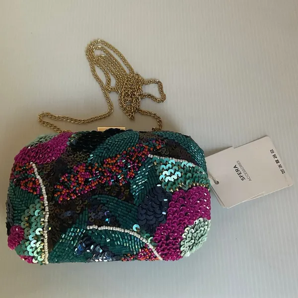 Sfera Beaded Sequin Clutch Bag with Chain Strap | Handmade Look Evening Purse - Image 6