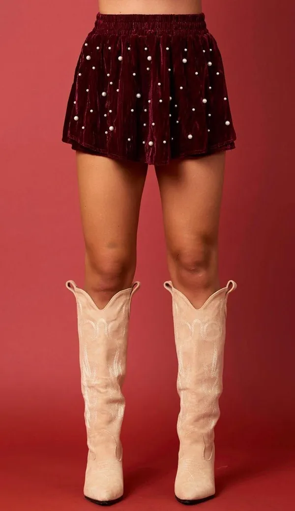 Peach Love Wine Red Velvet Pearl Studded Skort - Image 3