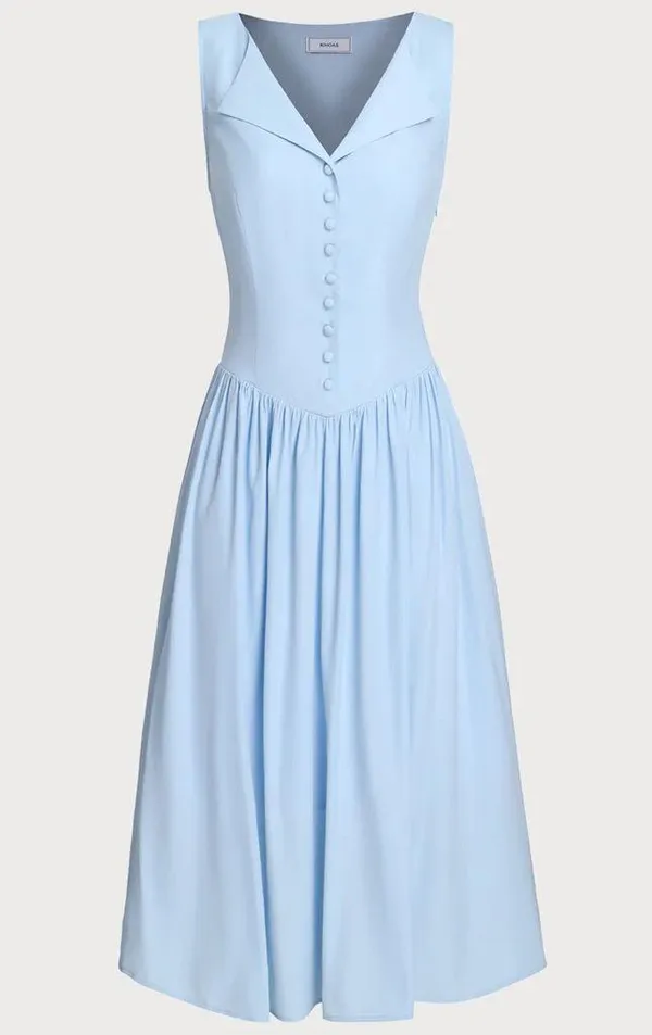 Rihoas Blue V Neck Button Sleeveless Midi Dress - Image 5