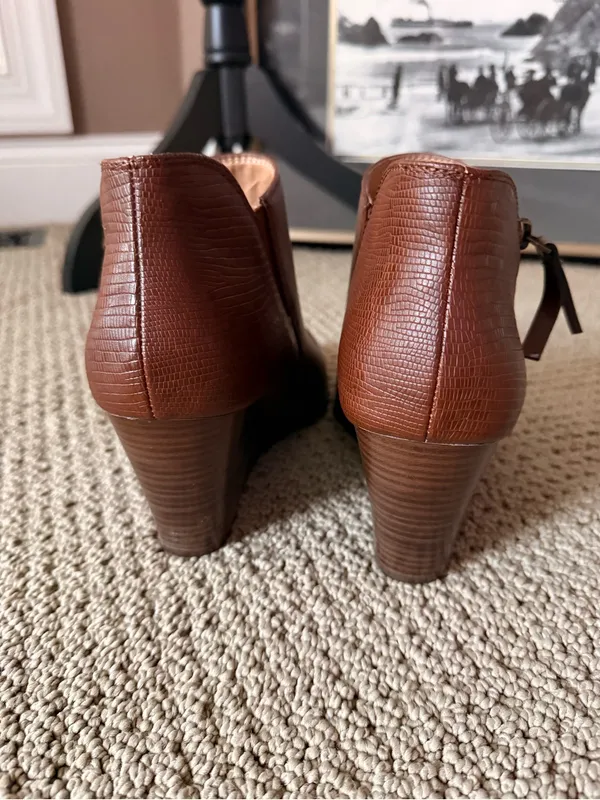 new directions Cognac Brown Vegan Leather Ankle Wedge Booties with Side Zip - Image 4