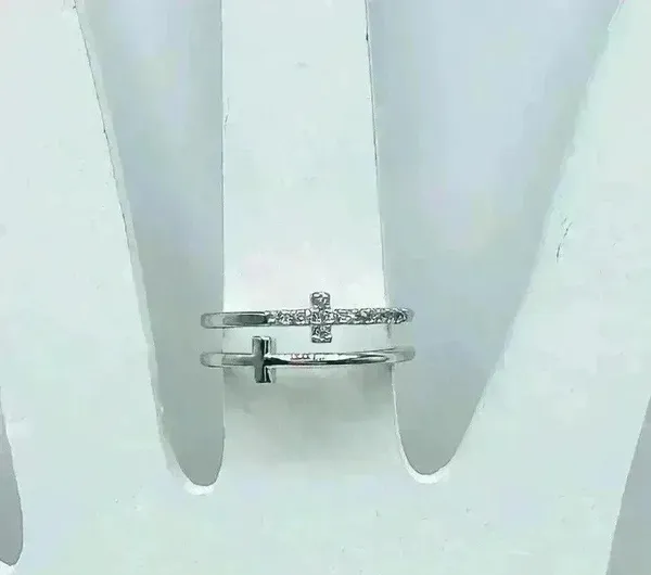 Silver Double Cross Rhinestones Ring Size 6 - Image 2
