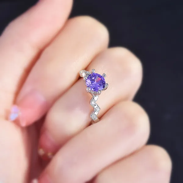 18K White Gold Plated Adjustable Birthstone Purple Crystal Amethyst Ring for Women - Image 4