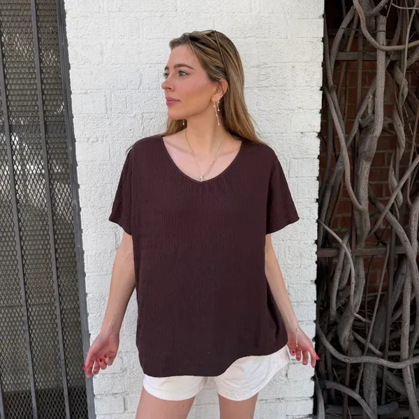 White stag y2k Brown textured V-neck top with puff sleeves Size XL - Image 2