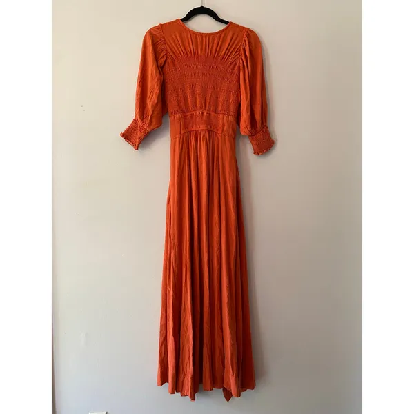Free People Red Orange String of Hearts Button Down Puff Sleeve Maxi Dress Small - Image 8