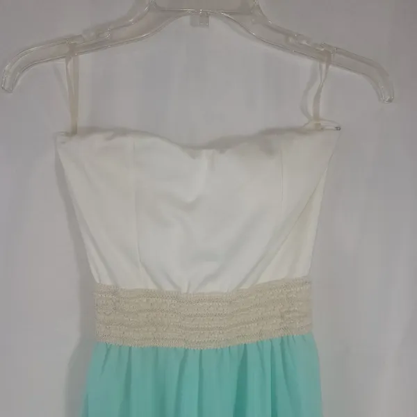 Wild Daisy Women's Strapless Maxi Dress Jr Small Mint Green White Crochet Waist - Image 3