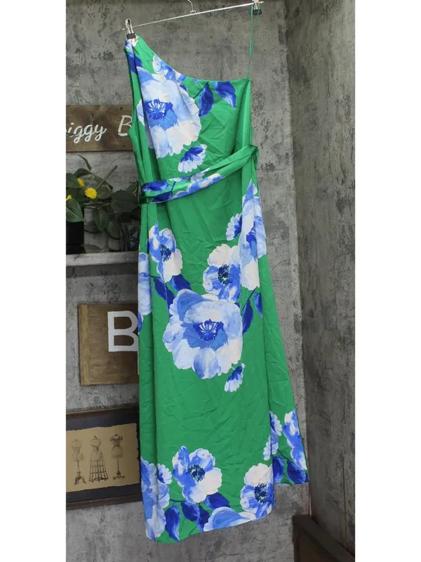 NWT Aqua Womens One Shoulder Satin Maxi Dress STD14776BL Green / Blue M - Image 3