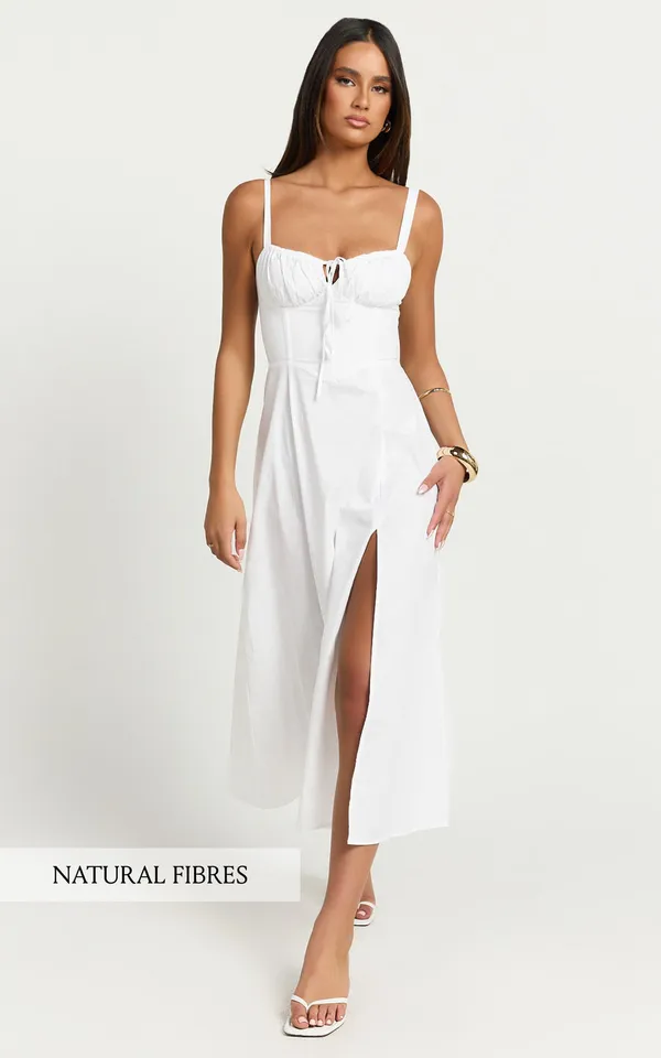 New Showpo MAIYA Midi Dress Tie Front Fitted Bodice Dress In White Size 4 - Image 2