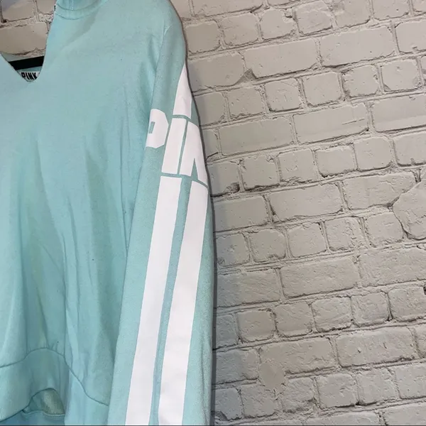 Victoria's Secret PINK Hoodie‎ Small Aqua Blue Pullover Sweatshirt Logo Sleeve - Image 3
