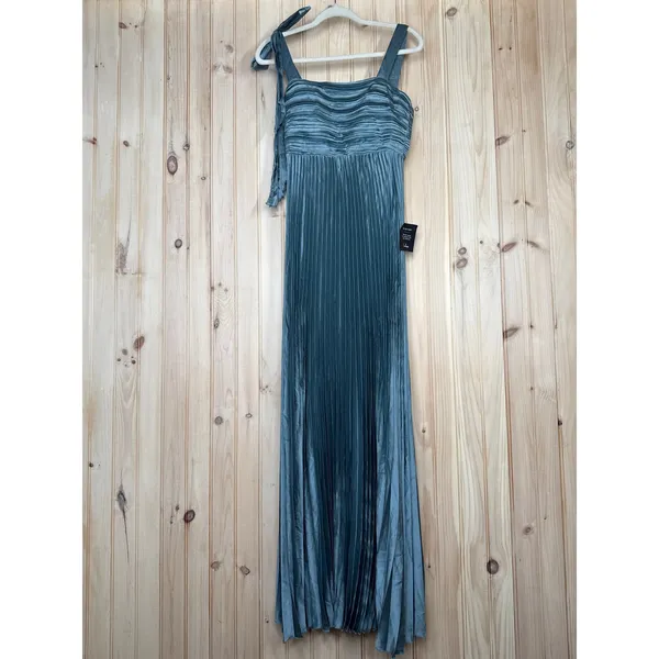 NWT Lulus Blue Gorgeous Purpose Slate Satin Pleated Sleeveless Bow Maxi Dress S - Image 2