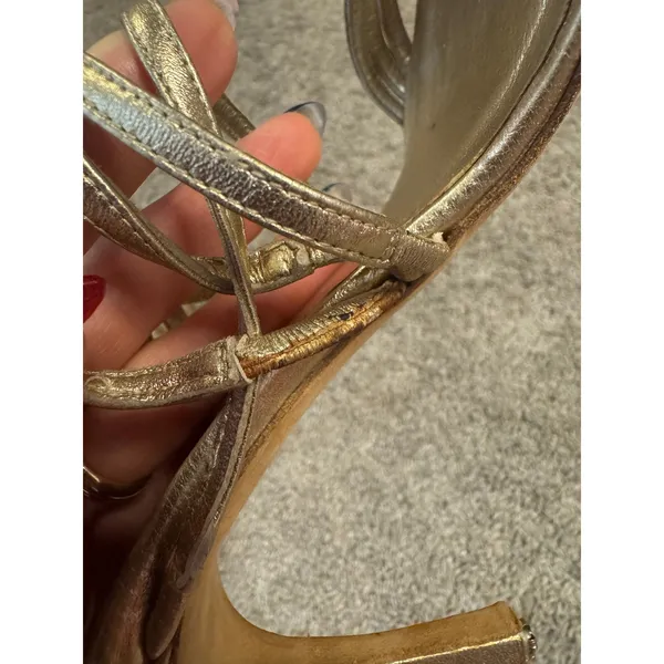 Vintage MANOLO BLAHNIK Metallic Champagne Lace-Up Sandal Stiletto Heels 37.5 - Image 12