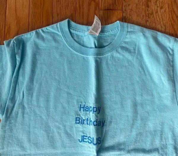 Gildan light blue embroidered Happy Birthday Jesus Christian shirt - Image 2