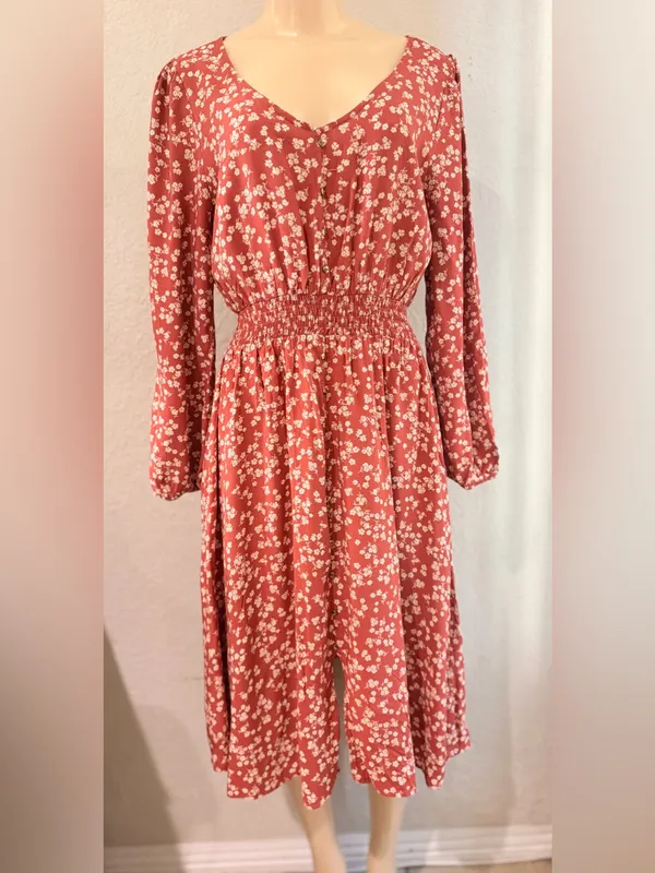 Índigo Rose Rust Floral V-Neck Midi Dress with Long Sleeves size L fall ready - Image 5