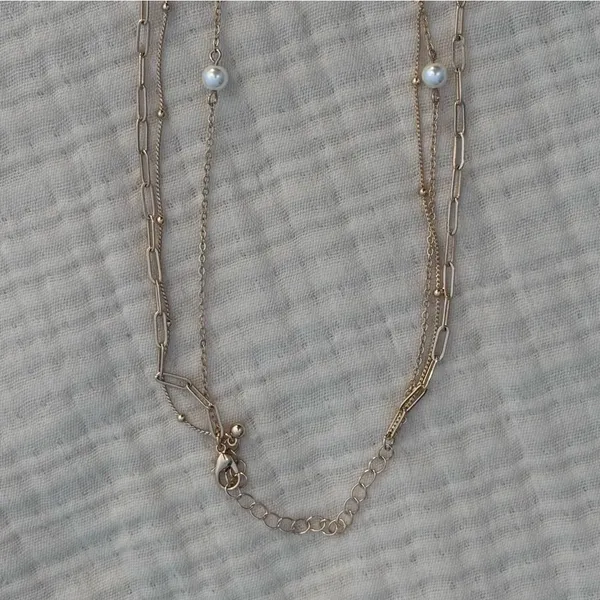 Gold-Tone Multi-Layer Stacked Chain Necklace With Faux Pearls & Heart Charms - Image 3