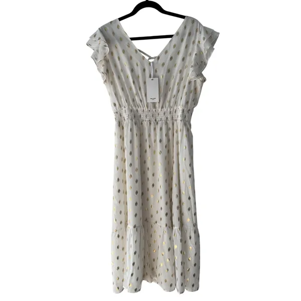 Grace Karin‎ White Gold Metallic Polka Dot Ruffle Midi Dress Large New - Image 5